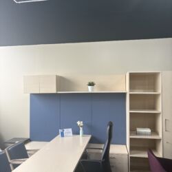 Used Herman Moller height Adjustable Desk w/ Hutch + Storage Cabinet / Desk :82 W x 30 D Return: 90" W x 24 D Storage Cabinet : 40" W x 24 " D x 83.5 " H Overhead Storage : 90" W x 15" D x 15"H